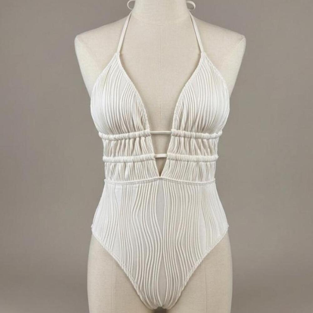 Textured Off-White Cut-Out One-Piece Swimsuit ✨ 🐚 Textured one piece swimsuit, C